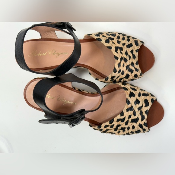 Robert Clergerie Black and Tan Wedge rattan Sandals with Ankle Strap size 8 - Picture 7 of 8